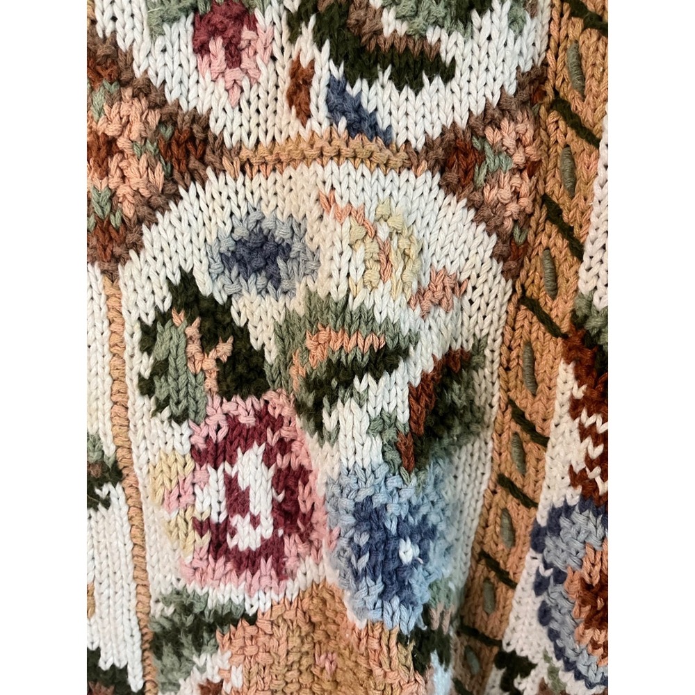 Cristal-Kobe Vintage Floral Tapestry Chunky Knit Sweater Petite Cream Multi 90s - Picture 13 of 14